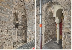 zwei Ansichten von Mauerwerk mit Bogenfenstern mit Kalksintersäule