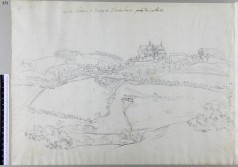 Zeichnung einer auf einer Anhöhe gelegenen Burg